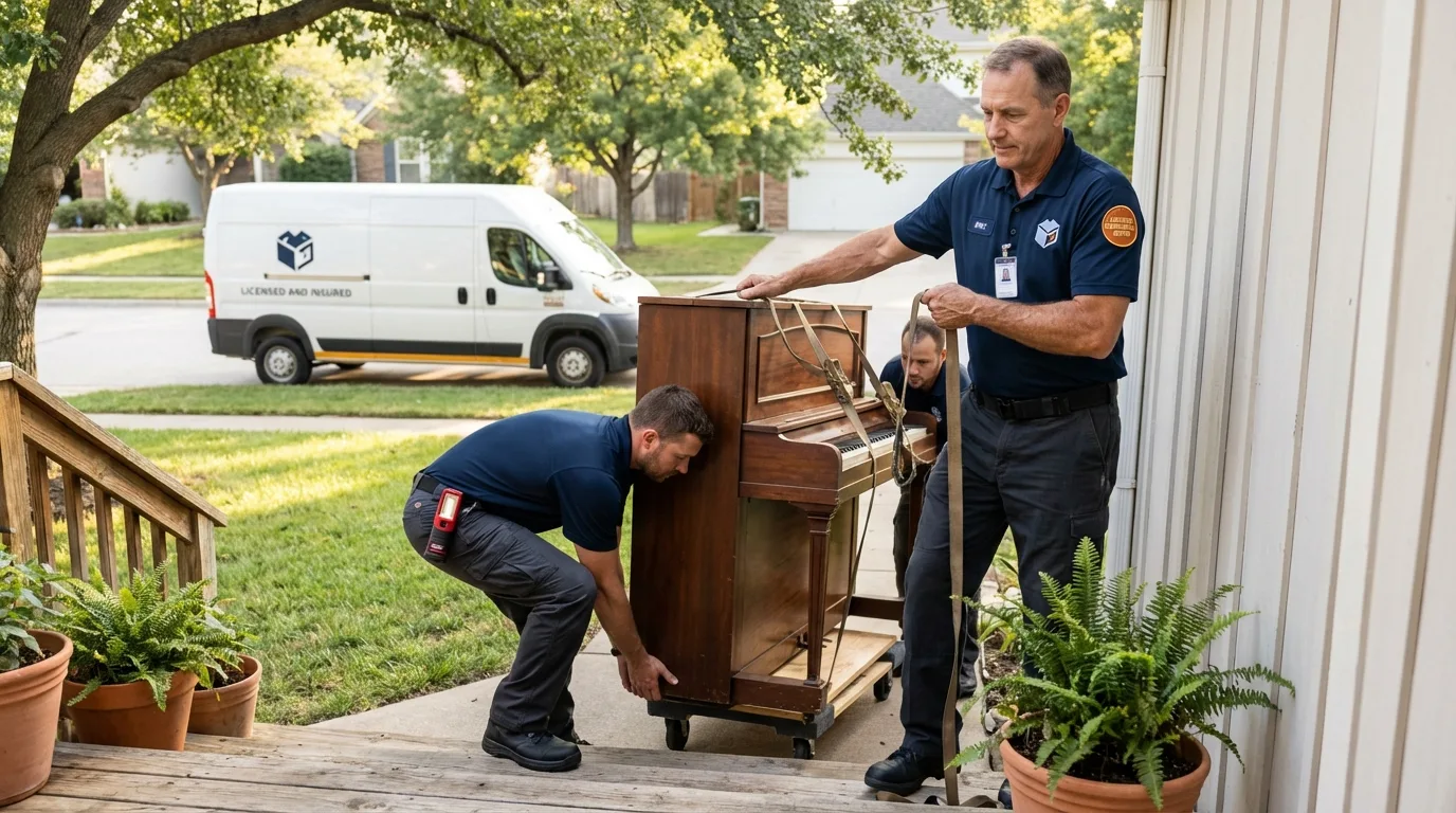 Licensed piano movers securing grand piano in Bradley, WV