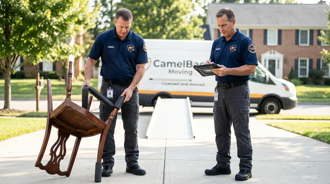 Movers inspecting furniture for damage prevention before loading in Bradley, WV