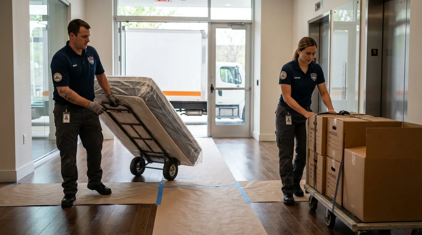 Professional apartment movers loading elevator in Bradley, WV